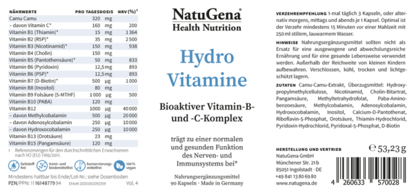 NatuGena Hydro Vitamine Vitamin B und C Komplex 90 Kapseln vegan – Bild 4